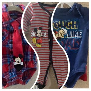 Disney Oshkosh baby boy button up flannel Mickey Mouse tie onesie sleeper shorts